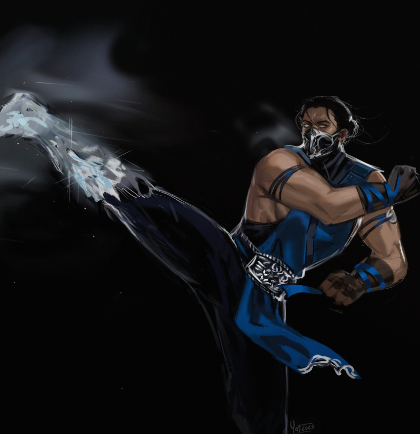 1boy absurdres artist_name belt black_gloves black_hair black_pants clenched_hands fingerless_gloves gloves grey_belt hair_bun high_kick highres ice kicking kuai_liang leg_up male_focus mortal_kombat_(series) mortal_kombat_1_(2023) muscular muscular_male pants short_hair simple_background solo sub-zero yen_(yenyenyen19)