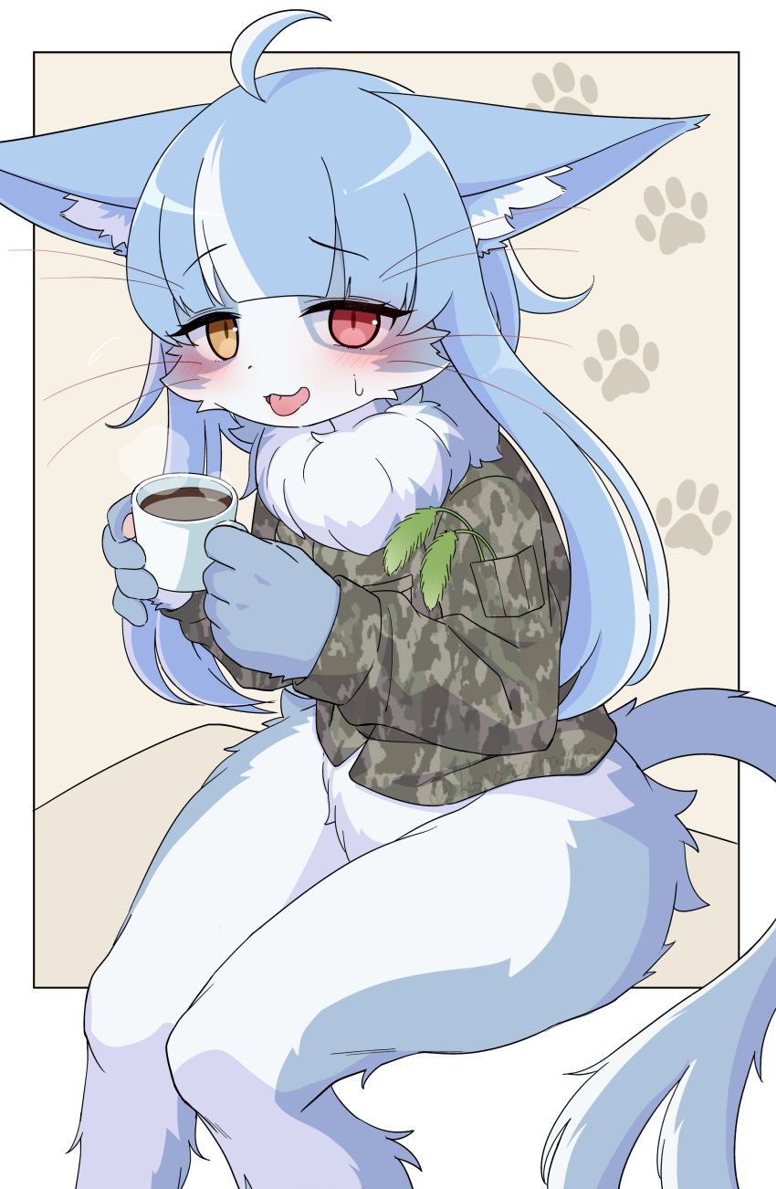 2023 5_fingers absurd_res ahoge anthro beverage blue_body blue_fur blue_hair blush bodily_fluids bottomless bottomless_anthro bottomless_male camo camo_clothing camo_print cheek_tuft clothed clothing coffee coffee_cup container countershading cup digital_media_(artwork) domestic_cat facial_tuft felid feline felis fingers fluffy footprint forked_tail fur girly hair heterochromia hi_res holding_beverage holding_container holding_cup holding_object inner_ear_fluff jacket japan_air_self-defense_force kemono konazarame long_hair looking_at_viewer male male_anthro mammal multicolored_body multicolored_fur multicolored_hair neck_tuft omaneko_(jasdf) open_mouth pattern_clothing pawpads pawprint pupils red_eyes sitting slit_pupils solo sweat sweatdrop tail tongue tongue_out topwear tuft two_tone_body two_tone_fur two_tone_hair unusual_anatomy unusual_tail whiskers white_body white_fur white_hair yellow_eyes
