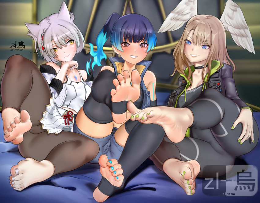 3girls animal_ear_fluff animal_ears aqua_hair aqua_nails artist_name bare_shoulders barefoot bed_sheet black_bodysuit black_jacket black_thighhighs blue_eyes blue_shorts blurry blurry_background bodysuit braid breasts brown_eyes brown_hair brown_leggings cat_ears chest_jewel cleavage closed_mouth core_crystal_(xenoblade) depth_of_field eunie_(xenoblade) feathered_wings feet foot_focus foot_up foreshortening full_body gradient_hair green_nails grey_hair grey_nails hair_over_one_eye head_wings indoors jacket knee_up large_breasts leggings legs long_hair medium_breasts midriff miniskirt mio_(xenoblade) multicolored_hair multiple_girls nail_polish no_shoes on_bed open_clothes open_jacket parted_bangs ponytail sena_(xenoblade) shadow short_hair short_shorts shorts sidelocks signature skirt sleeveless smile soles spread_toes stirrup_legwear tank_top teeth thighhighs thighs toe_scrunch toeless_legwear toenail_polish toenails toes two-tone_hair vest watermark white_jacket white_skirt white_tank_top wings xenoblade_chronicles_(series) xenoblade_chronicles_3 yellow_eyes zl-crow_red