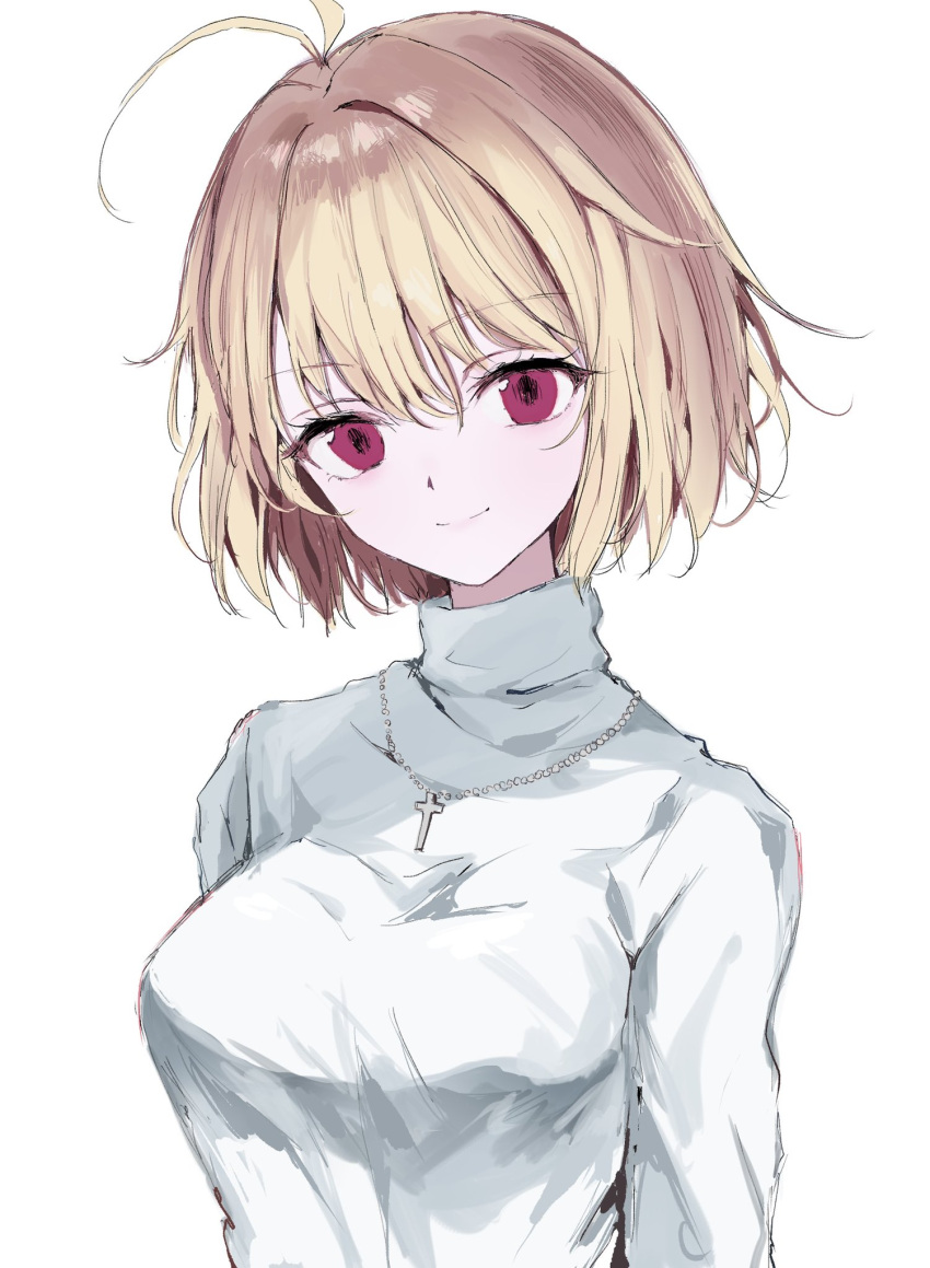 1girl antenna_hair arcueid_brunestud blonde_hair cross cross_necklace highres jewelry looking_at_viewer necklace red_eyes short_hair simple_background sketch smile solo sweater tsukihime tsukihime_(remake) turtleneck turtleneck_sweater upper_body white_background white_sweater yuyuyuyhz