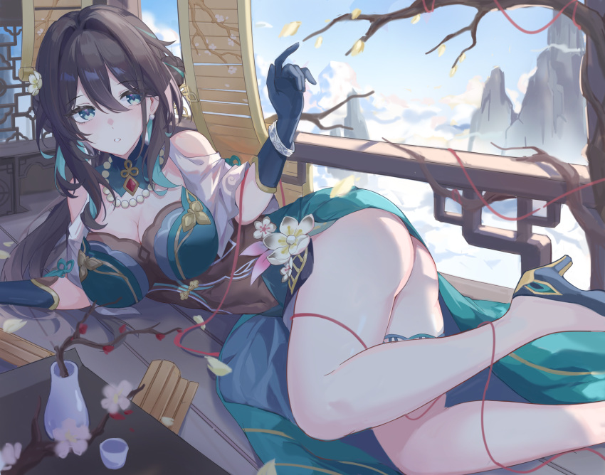 1girl again_(depr4447) aqua_dress ass bare_legs bare_shoulders black_hair blue_eyes blue_gloves blue_sky breasts chinese_clothes cleavage clothing_cutout commentary_request day dress gloves hand_up high_heels highres honkai:_star_rail honkai_(series) large_breasts long_hair looking_at_viewer lying mountain on_side parted_lips ruan_mei_(honkai:_star_rail) shoulder_cutout sky solo thighs