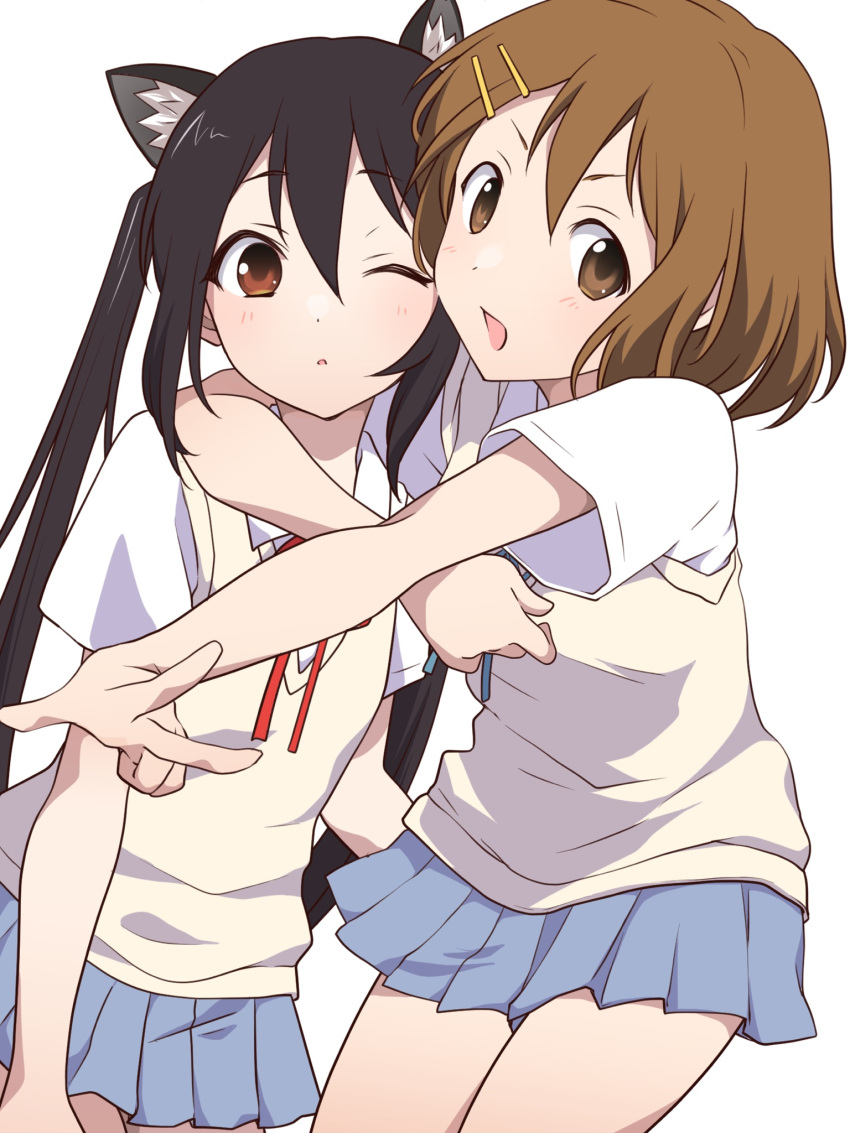 2girls animal_ears black_hair blue_skirt blush brown_eyes brown_hair cat_ears cat_girl collared_shirt highres hikaru_(ofuton_at5) hirasawa_yui hug k-on! long_hair multiple_girls nakano_azusa one_eye_closed pleated_skirt sakuragaoka_high_school_uniform school_uniform shirt short_hair short_sleeves skirt sweater_vest twintails white_shirt yellow_sweater_vest