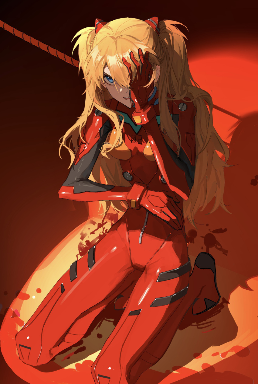 1girl absurdres angry blood blood_splatter blue_eyes bodysuit chinese_commentary commentary_request covering_one_eye danshui from_above full_body hand_on_own_face hand_up highres interface_headset long_hair neon_genesis_evangelion one_eye_covered open_mouth orange_hair plugsuit red_background red_bodysuit red_theme seiza sitting solo souryuu_asuka_langley two_side_up v-shaped_eyebrows