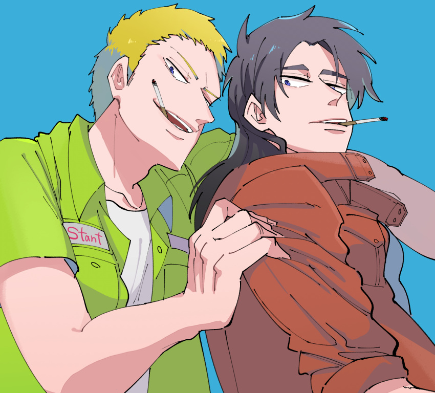 2boys arm_grab blonde_hair blue_background blue_eyes brown_jacket cigarette collared_shirt commentary_request green_shirt highres inudori itou_kaiji jacket kaiji long_hair looking_at_viewer male_focus medium_bangs multiple_boys open_mouth sahara_makoto shirt short_bangs short_hair short_sleeves simple_background smile smoking upper_body very_short_hair