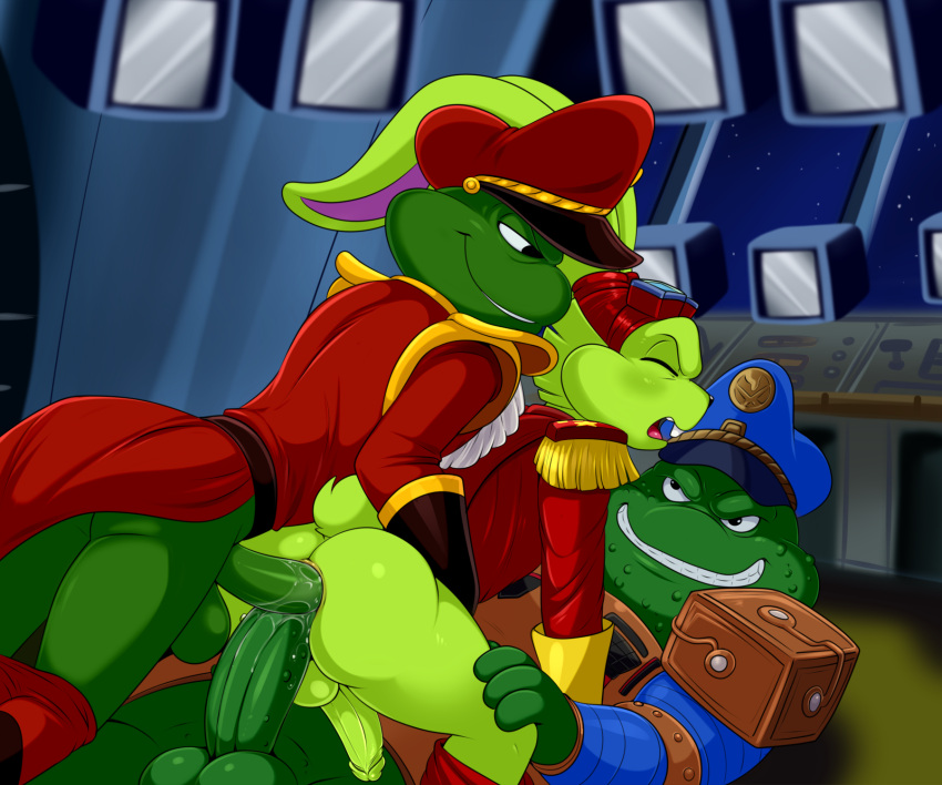 amphibian anal bucky_o'hare bucky_o'hare_(series) butt captain_smada clothing frog genitals group group_sex hat headgear headwear hi_res lagomorph leporid lonbluewolf male male/male mammal penis rabbit sex threesome toad_(frog) toad_air_marshall