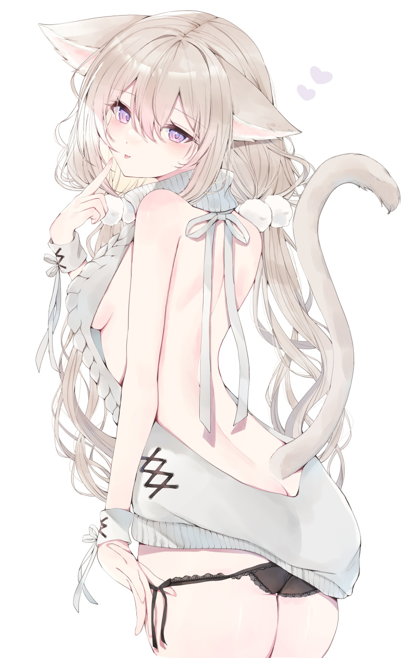 1girl absurdres animal_ears black_panties breasts cat_ears cat_tail highres long_hair looking_at_viewer meme_attire panties purple_eyes simple_background solo tail tongue tongue_out tsuyuri_eri underwear virgin_killer_sweater white_background