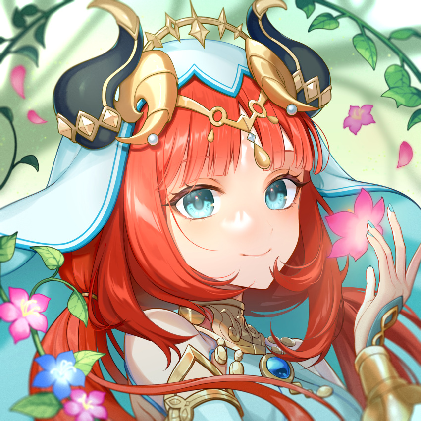 1girl amechamm aqua_eyes aqua_nails bare_shoulders blue_gemstone blunt_bangs blurry blurry_background bracer brooch circlet closed_mouth fake_horns flower gem genshin_impact gold_trim hand_up harem_outfit highres horns jewelry leaf long_hair low_twintails neck_ring nilou_(genshin_impact) parted_bangs pink_flower portrait red_hair sidelocks smile solo twintails veil white_headdress white_veil