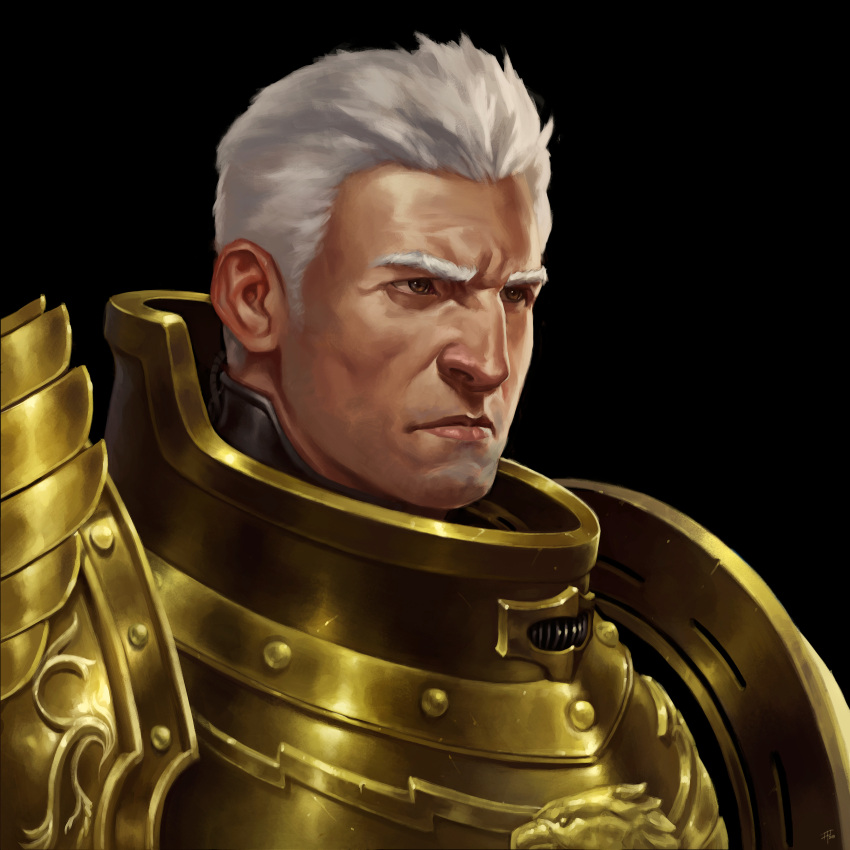 absurdres adrian4rt armor bird black_background eagle fluffy_hair gold_armor highres imperial_aquila imperial_fists imperium_of_man male_focus power_armor primarch rogal_dorn semi_realisim short_hair simple_background warhammer_40k white_hair