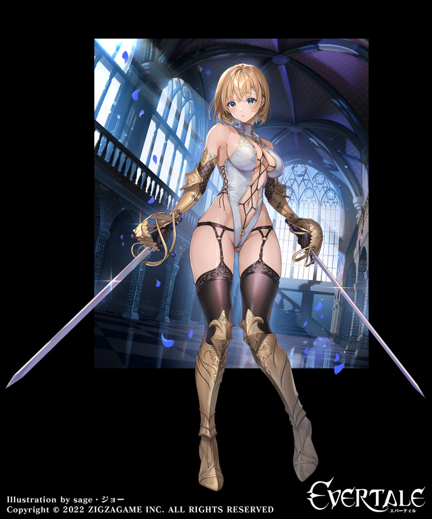 1girl armor ass_visible_through_thighs bdsm blonde_hair breasts cathedral choker cleavage dual_wielding european_architecture evertale harness highres holding lancelot_(evertale) large_breasts looking_at_viewer navel official_art petals pillar sage_joh short_hair solo sword thighhighs weapon window
