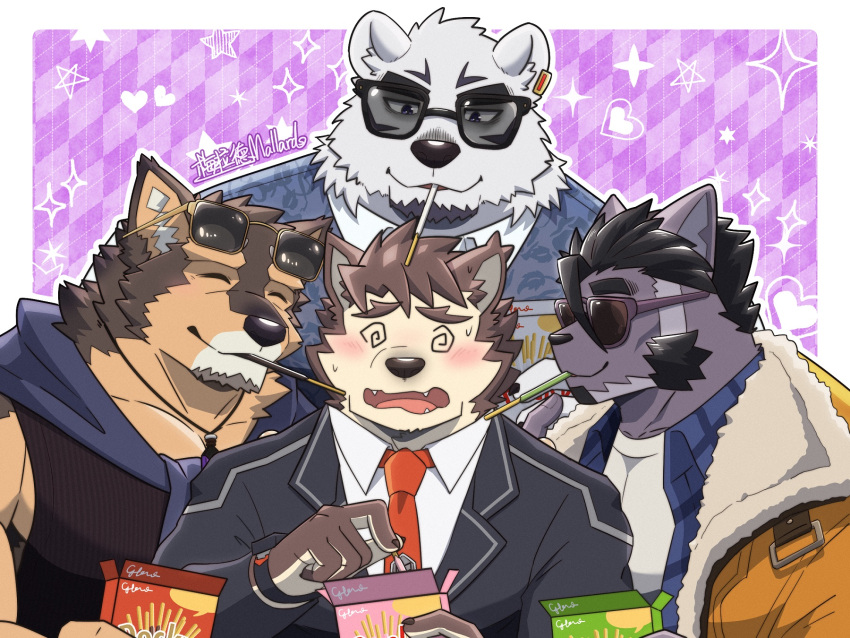 4boys @_@ animal_ears bara bear_boy bear_ears black_fur black_jacket black_tank_top blue_shirt blue_vest borealis_(live_a_hero) brown_fur cat_boy cat_ears closed_eyes dog_boy dog_ears earrings eyewear_on_head facial_hair food forked_eyebrows furry furry_male goatee highres jacket jacket_around_neck jewelry live_a_hero male_focus male_protagonist_(live_a_hero) mallards multiple_boys mutton_chops necktie open_clothes open_jacket open_shirt orange_jacket pendant pink_background plaid plaid_background pocky pocky_day pubraseer_(live_a_hero) purple_fur red_necktie shirt single_earring sunglasses tank_top thick_eyebrows tsuneaki_(live_a_hero) vest white_fur white_shirt white_undershirt