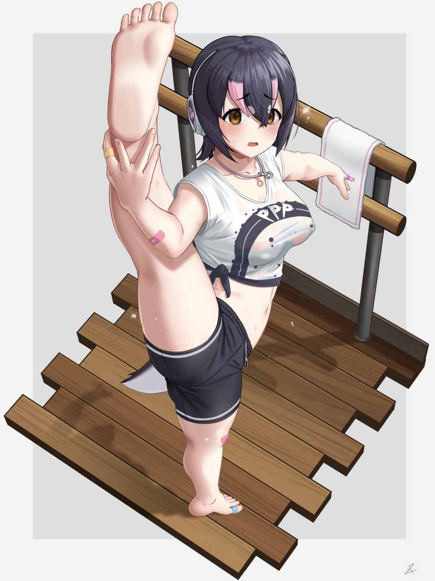 1girl alternate_costume arm_up bandaid bandaid_on_arm bandaid_on_foot bandaid_on_hand bandaid_on_knee bandaid_on_leg bare_arms bare_legs barefoot bird_tail black_hair blush border breasts brown_eyes covered_nipples cropped_shirt deku_suke fingernails flexible from_above full_body furrowed_brow grey_hair gym_shirt gym_shorts hair_between_eyes headphones highres holding_leg humboldt_penguin_(kemono_friends) jewelry kemono_friends leaning_to_the_side leg_hold leg_lift leg_up medium_hair midriff multicolored_hair navel open_mouth outside_border outstretched_arm parted_bangs pendant penguin_tail pink_hair railing shirt short_sleeves shorts soles solo split standing standing_on_one_leg standing_split stomach sweat tail toes wet wet_clothes wet_shirt white_border wooden_floor zipper zipper_pull_tab