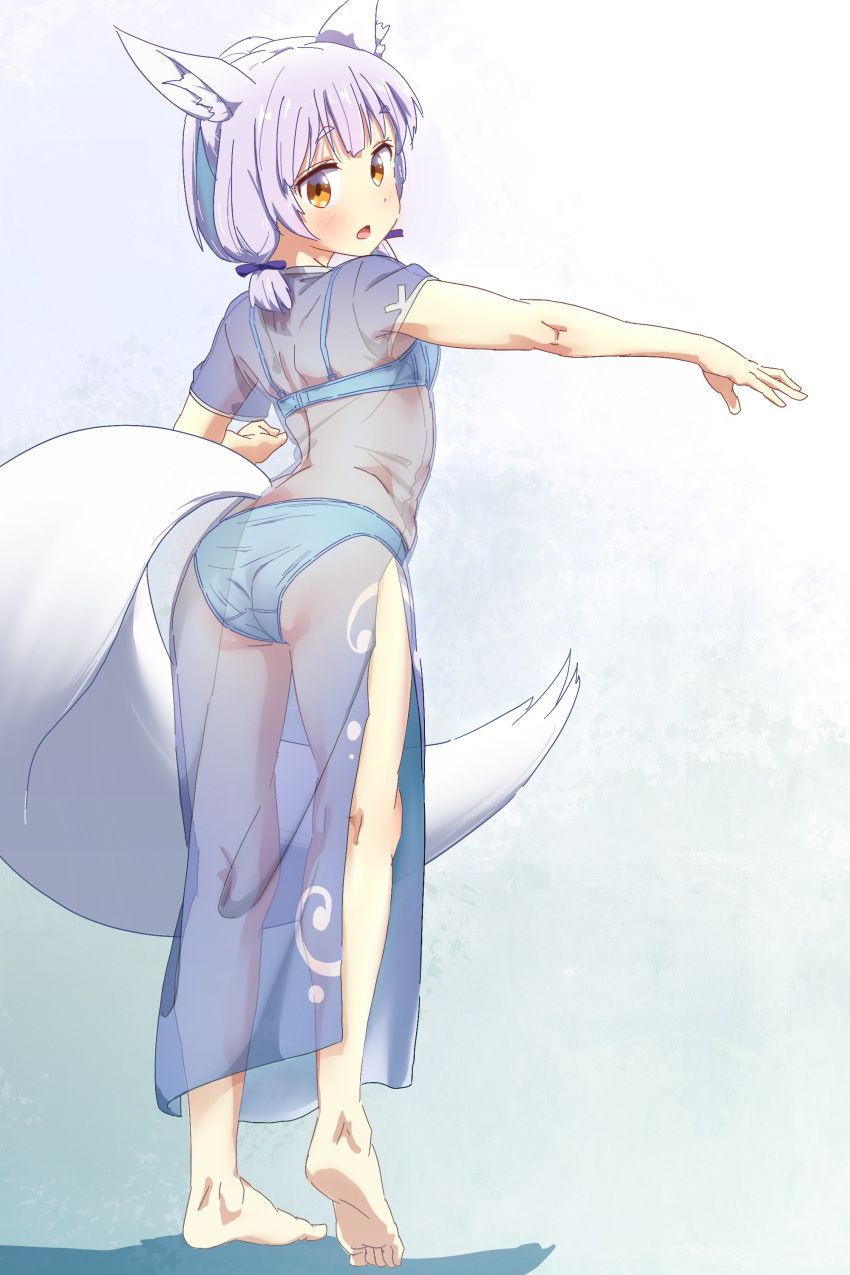 1girl absurdres animal_ear_fluff animal_ears ass barefoot blue_bra blue_dress blue_hair blue_panties blunt_bangs blush bow bra brown_eyes china_dress chinese_clothes commentary dress fox_ears fox_girl fox_tail from_behind full_body gradient_background hair_bow highres hip_vent light_blue_background long_dress looking_at_viewer looking_back machikado_mazoku oekakiism open_mouth outstretched_arm panties purple_bow riko_(machikado_mazoku) see-through see-through_dress short_eyebrows short_hair short_sleeves simple_background solo standing tail thighs underwear white_background x-ray