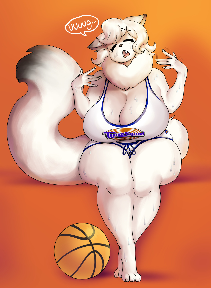 absurd_res anthro arctic_fox ball basketball_(ball) basketball_uniform big_breasts black_ear_tips black_eartips black_tail_tip bodily_fluids bonzibun breasts canid canine cleavage_tuft clothing curvaceous curvy_figure female fox fur hi_res huge_breasts mammal neck_tuft solo space_jam sportswear svala_(svala_fox) sweat thick_thighs toon_squad tuft uniform voluptuous warner_brothers white_body white_fur