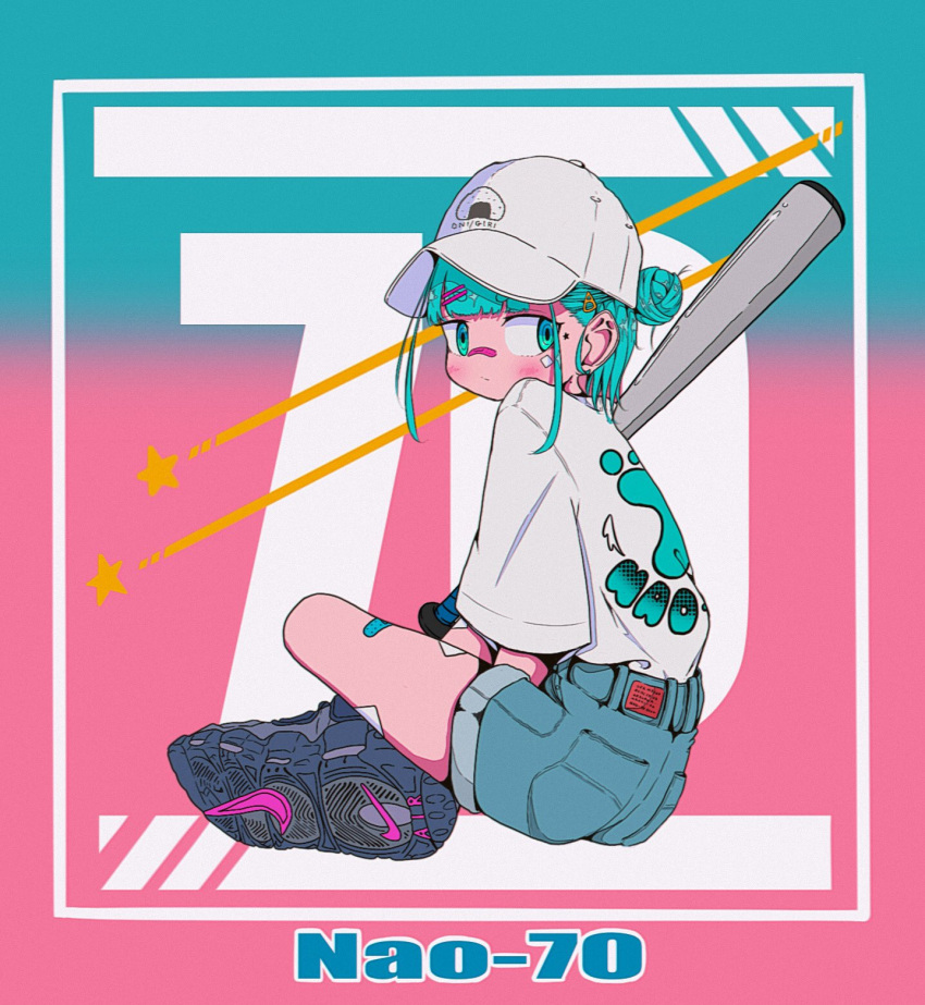 1girl aqua_background aqua_eyes aqua_hair artist_name bandaid bandaid_on_face bandaid_on_leg bandaid_on_nose baseball_bat baseball_cap blue_shorts blunt_bangs blush border closed_mouth clothes_writing denim denim_shorts from_behind full_body gradient_background grey_footwear hair_bun hair_ornament hairclip hat highres holding holding_baseball_bat indian_style looking_at_viewer looking_back metal_baseball_bat nao97122 nike original pink_background print_shirt shirt shirt_tucked_in shoes short_hair short_sleeves shorts sitting sneakers solo star_(symbol) t-shirt two-tone_background white_border white_headwear white_shirt