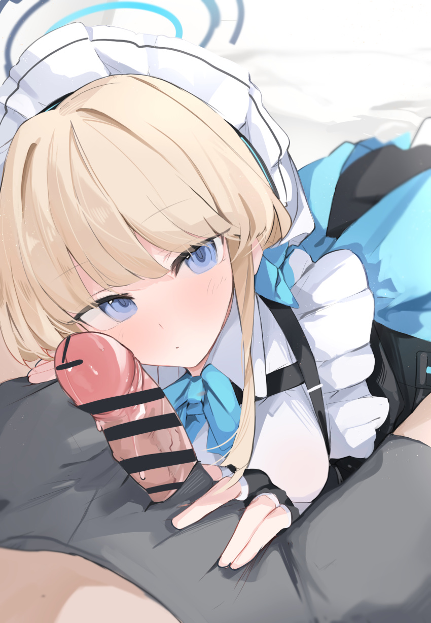 1boy 1girl apron bar_censor black_dress black_gloves blue_archive blue_eyes boxers censored dress erection fingerless_gloves gloves halo hetero highres looking_at_viewer lying maid maid_headdress male_underwear mikozin on_back on_stomach parted_lips penis penis_out single_sidelock solo_focus toki_(blue_archive) underwear white_apron
