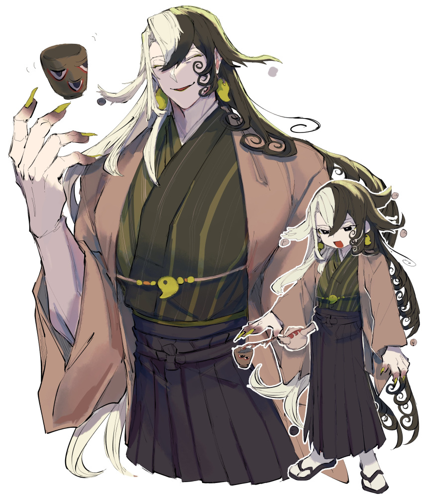 1boy absurdres alternate_costume ashiya_douman_(fate) asymmetrical_hair black_hair clay closed_eyes cropped_legs curly_hair deformed earrings evil_smile facing_viewer fate/grand_order fate_(series) fingernails floating floating_object green_kimono hair_between_eyes hakama hakama_skirt hand_up haori highres japanese_clothes jewelry kimono large_hands long_hair magatama magatama_earrings magic male_focus multicolored_hair ra_(nodhia5) sharp_fingernails shikishi skirt smile split-color_hair standing two-tone_hair very_long_hair white_hair