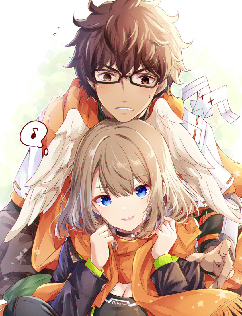 1boy 1girl blue_eyes breast_tattoo breasts brown_hair dark-skinned_male dark_skin eunie_(xenoblade) glasses head_wings highres mondo_(xenoblade_3) musical_note orange_scarf scarf shared_clothes shared_scarf smile spoken_musical_note sweatdrop taion_(xenoblade) tattoo ui_frara upper_body white_wings wings xenoblade_chronicles_(series) xenoblade_chronicles_3