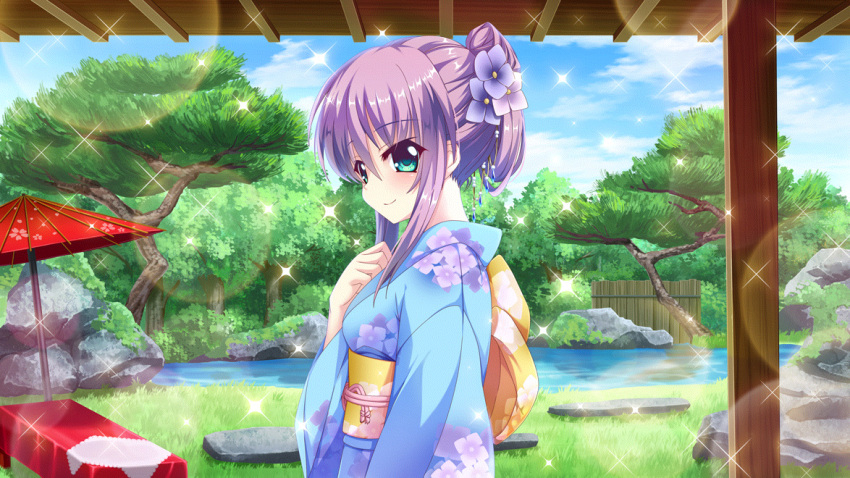 1girl architecture back_bow bench blue_eyes blue_kimono blue_sky boulder bow cloud day east_asian_architecture fence film_grain floral_print flower from_side furisode game_cg grass hair_flower hair_ornament hand_on_own_chest izumi_tsubasu japanese_clothes kimono lens_flare looking_at_viewer non-web_source official_art oil-paper_umbrella plant_request pond purple_flower purple_hair re:stage! red_umbrella sash short_hair sky smile solo sparkle tree tsukisaka_sayu umbrella upper_body yellow_bow yellow_sash