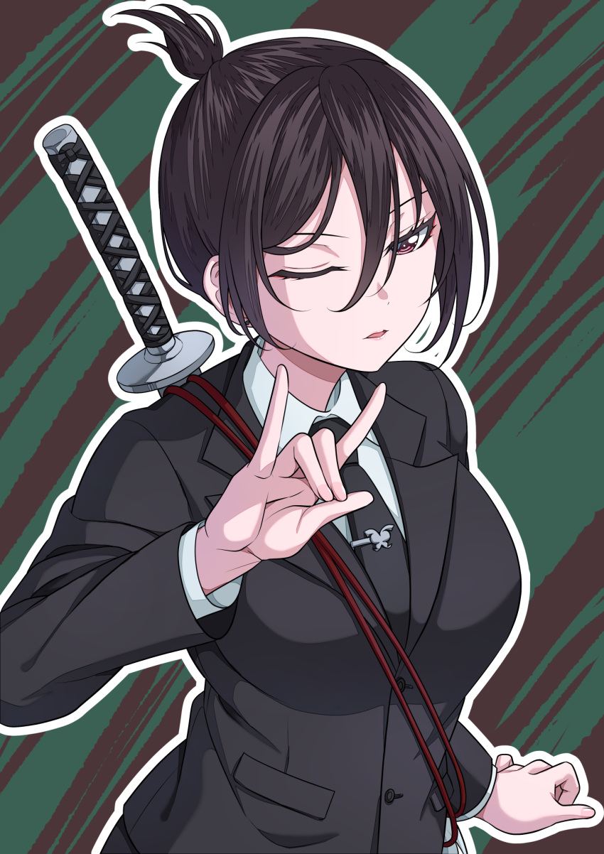 1girl bang_dream! black_hair black_jacket black_necktie black_suit blush breasts collared_shirt hair_between_eyes hand_up highres jacket katana kitayu large_breasts lips long_sleeves looking_at_viewer necktie one_eye_closed open_mouth pink_eyes shirt short_hair smile solo suit sword upper_body weapon weapon_behind_back white_shirt yashio_rui