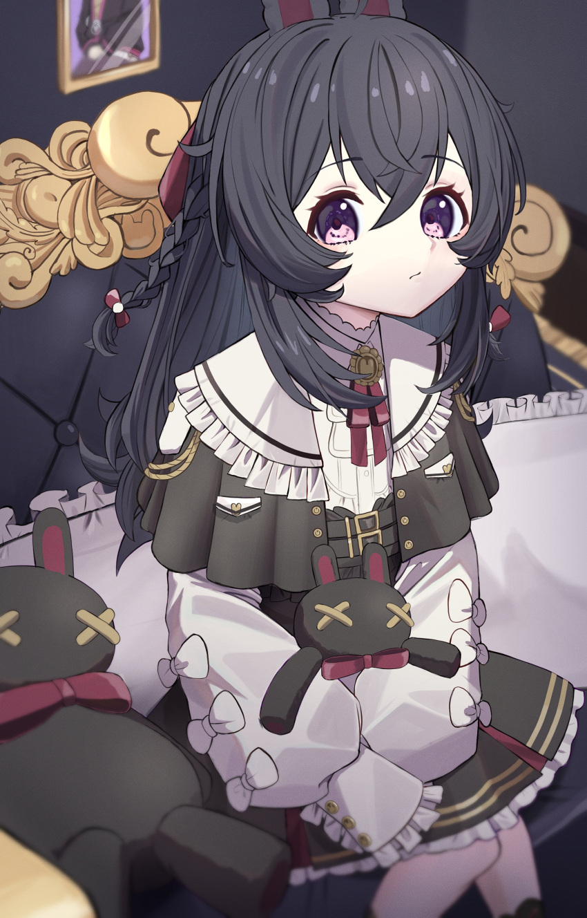 1girl absurdres animal_ears black_dress black_hair bow braid couch dress haikuyomi_(819) hair_bow harine_(pipkin_pippa) highres holding holding_stuffed_toy long_hair long_sleeves neck_ribbon on_couch phase_connect pillow pipkin_pippa pipkin_pippa_(2nd_costume) puffy_long_sleeves puffy_sleeves purple_eyes rabbit_ears rabbit_girl red_bow red_ribbon ribbon sailor_collar sitting sleeves_past_wrists solo stuffed_toy white_bow white_sailor_collar