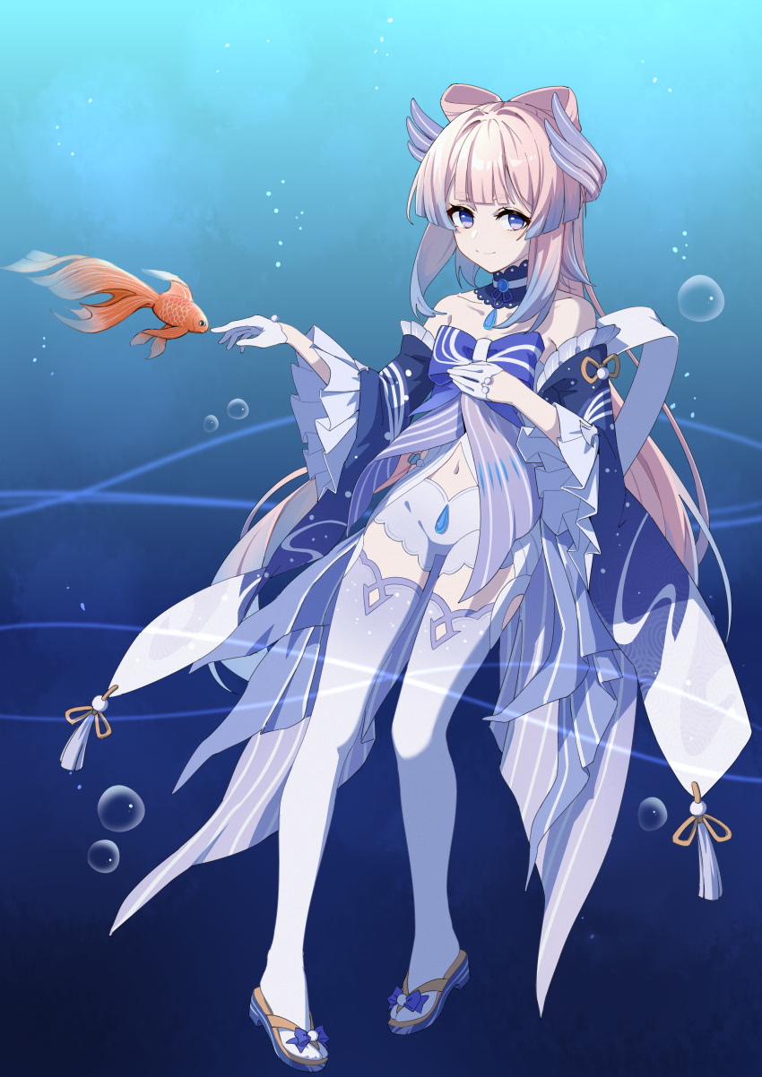 1girl absurdres blue_background blue_bow bow bow-shaped_hair choker closed_mouth detached_sleeves fish frilled_choker frilled_sleeves frills full_body genshin_impact gloves goldfish highres long_hair long_sleeves looking_at_viewer man_ge navel pink_hair purple_eyes sandals sangonomiya_kokomi shorts smile solo thighhighs underwater very_long_hair white_gloves white_shorts white_thighhighs wide_sleeves