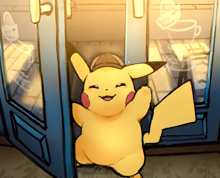 2023 ambiguous_gender clothing detective_pikachu detective_pikachu_(video_game) dipstick_ears door doorway dorobo_39 eyes_closed generation_1_pokemon happy hat hat_only headgear headgear_only headwear headwear_only hi_res mostly_nude multicolored_ears nintendo open_mouth open_smile pikachu pokemon pokemon_(species) semi-anthro smile solo yellow_body