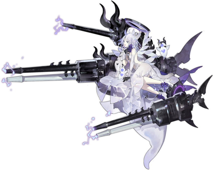 1girl arbiter_the_lovers_vi_(azur_lane) arm_support artist_request azur_lane bare_shoulders black_gloves blue_eyes bow breasts cannon chest_jewel cross-shaped_pupils dress elbow_gloves electricity facial_mark forehead_mark from_side full_body fur_hat gem ghost gloves hair_ornament halo hand_on_own_neck hat heart high_heels highres huge_weapon jewelry light_purple_hair long_hair looking_at_viewer low_wings machinery mechanical_halo necklace official_art open_mouth pale_skin papakha purple_bow purple_eyes purple_ribbon ribbon ribbon_shoes see-through see-through_dress shoes simple_background siren_(azur_lane) sitting sleeveless sleeveless_dress solo symbol-shaped_pupils turret weapon white_dress white_footwear white_headwear wings yokozuwari