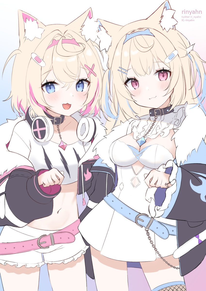 2girls :3 absurdres animal_ear_fluff animal_ears belt belt_collar black_collar blonde_hair blue_belt blue_eyes blue_hair breasts chain cleavage closed_mouth collar cropped_shirt dog_ears dog_girl fang flat_chest fur-trimmed_jacket fur_trim fuwawa_abyssgard hair_ornament hairpin highres hololive hololive_english jacket large_breasts long_hair looking_at_viewer medium_hair midriff mococo_abyssgard multicolored_hair multiple_girls navel open_mouth pink_belt pink_eyes pink_hair ri_nyahn shirt short_shorts shorts siblings sisters skin_fang skirt skirt_set smile streaked_hair virtual_youtuber white_shirt white_shorts white_skirt x_hair_ornament