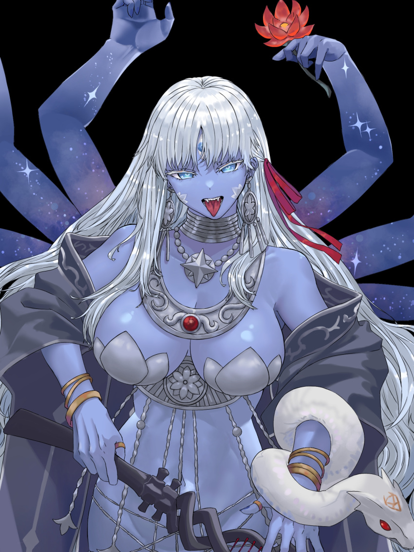 1girl armor bare_shoulders belly_chain bikini_armor black_background blue_eyes blue_skin bracelet breasts cleavage collarbone colored_skin earrings extra_arms fate/grand_order fate_(series) flower hair_ribbon highres jewelry kali_(fate) large_breasts long_hair looking_at_viewer neck_ring necklace niwaikanai open_mouth revealing_clothes ribbon sash snake solo teeth third_eye thumb_ring tongue tongue_out very_long_hair weapon white_hair