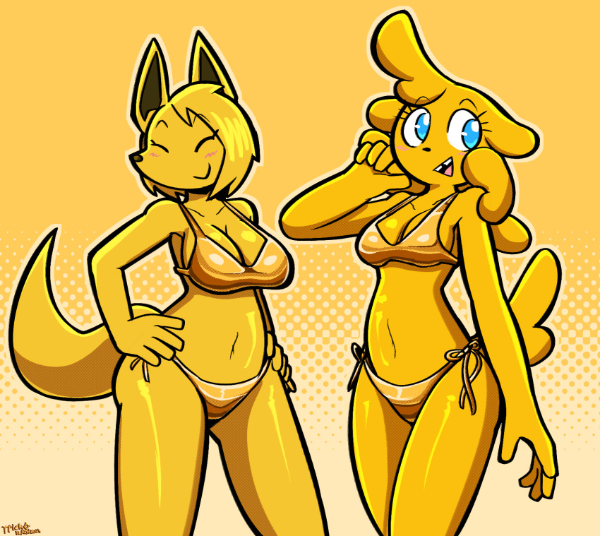 2023 5_fingers anthro bikini bikini_bottom bikini_top black_inner_ear blonde_hair blue_eyes blush bra breasts canid canine canis carina_(felino) cleavage clothed clothing domestic_dog dumpling_(tricktrashing) duo eyes_closed felino female fingers fox fur hair hand_on_head hands_on_hips hi_res looking_away mammal medium_breasts open_mouth orange_bikini orange_bikini_bottom orange_bikini_top orange_bra orange_clothing orange_panties orange_swimwear orange_underwear panties smile swimwear tooth_gap underwear yellow_body yellow_fur