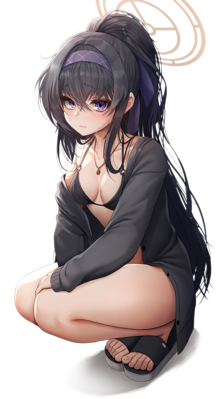 1girl absurdres bare_legs bikini black_bikini black_hair black_shirt blue_archive closed_mouth collarbone commentary crossed_bangs doyoon_7 full_body hairband halo high_ponytail highres jewelry long_hair looking_at_viewer off_shoulder open_clothes open_shirt pendant purple_eyes purple_hairband sandals shirt simple_background single_bare_shoulder solo squatting swimsuit thighs toes ui_(blue_archive) ui_(swimsuit)_(blue_archive) wet wet_hair white_background