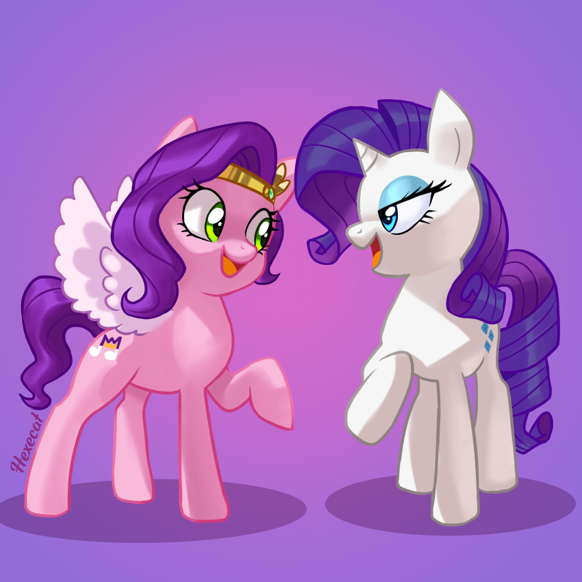 absurd_res blue_eyes duo equid equine eyeshadow female female/female feral friendship_is_magic green_eyes hasbro hexecat hi_res horn horse makeup mammal mlp_g5 my_little_pony open_mouth pegasus pipp_petals_(mlp) pony rarity_(mlp) unicorn wings