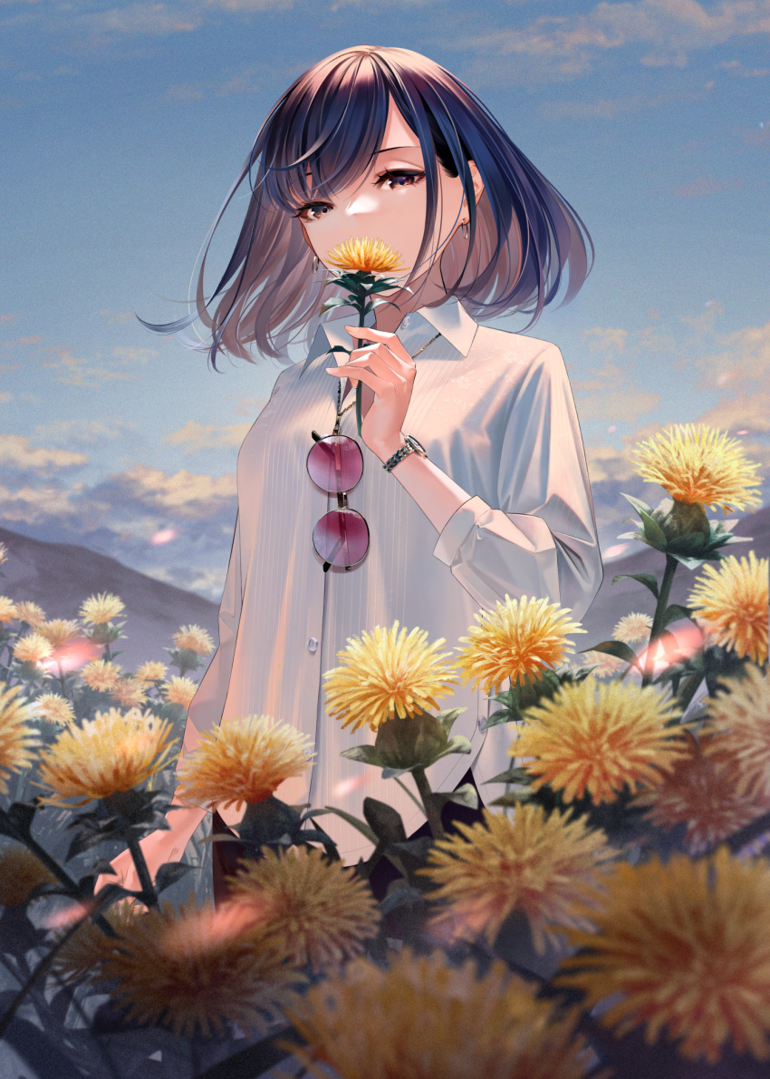 1girl brown_hair cloud collared_shirt day earrings eyewear_hang eyewear_removed field flower flower_field highres holding holding_flower jewelry looking_at_viewer medium_hair original outdoors safflower shirt sky solo sousou_(sousouworks) sunglasses watch white_shirt wristwatch yellow_flower