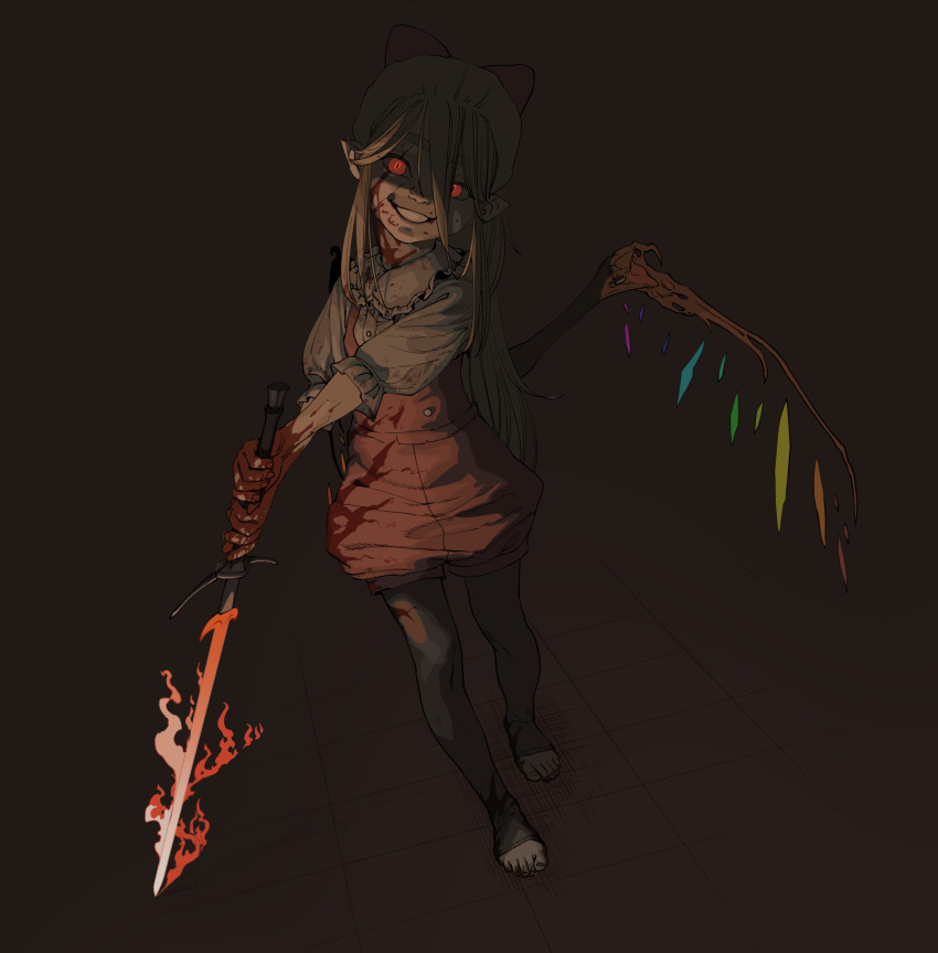 1girl blonde_hair blood blood_on_clothes blood_on_face blood_on_hands blood_on_leg dark dragging flaming_sword flaming_weapon flandre_scarlet highres holding holding_sword holding_weapon leggings long_hair looking_at_viewer puffy_sleeves red_eyes red_shirt ribbon sendai_(nazonomono) shirt shorts sleeves_past_elbows slit_pupils smile solo sword touhou weapon white_undershirt wings