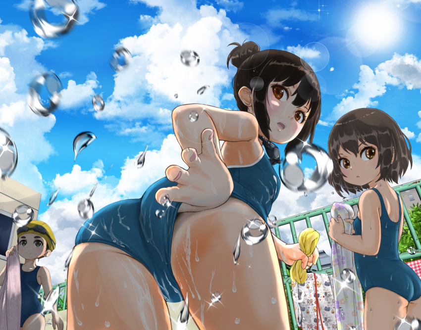 3girls adjusting_clothes adjusting_swimsuit ass blue_sky competition_school_swimsuit competition_swimsuit from_behind higashi_tarou highres looking_back multiple_girls one-piece_swimsuit original pool school_swimsuit sky summer swimsuit tan wet wet_clothes wet_swimsuit