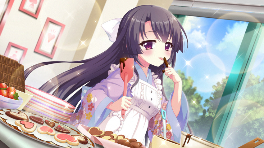 1girl apron baking black_hair blue_kimono blue_sky bow candy chocolate chocolate_bar chocolate_on_hand cloud cookie day dot_nose dutch_angle film_grain floral_print food food_on_hand frilled_apron frills fruit game_cg hair_bow heart-shaped_cookie holding holding_spatula ichikishima_mizuha icing izumi_tsubasu japanese_clothes kimono large_bow lens_flare licking licking_finger looking_at_viewer mixing_bowl non-web_source official_art picture_(object) plate plate_stack print_kimono purple_eyes purple_kimono re:stage! sky solo sparkle spatula straight_hair strawberry tongue tongue_out tree two-tone_kimono white_apron white_bow window window_blinds