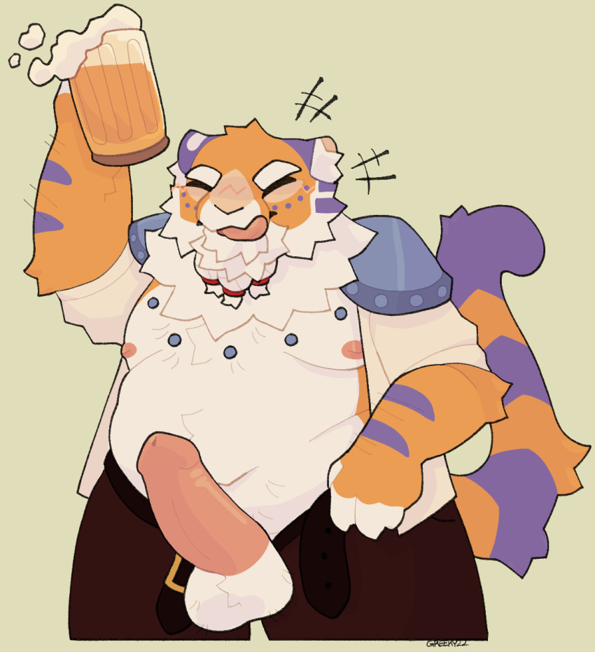 alcohol animal_jam anthro balls beard beer beverage bootleggreely bottomwear chest_tuft chubby_anthro chubby_male clothed clothing erection eyes_closed facial_hair felid fur genitals hi_res humanoid_genitalia humanoid_penis inner_ear_fluff male mammal markings moobs mug neck_tuft nipples open_bottomwear open_clothing open_pants orange_body orange_fur pantherine pants penis sir_gilbert solo striped_markings striped_tail stripes tail tail_markings tiger tongue tongue_out toony topless topless_anthro tuft wildworks