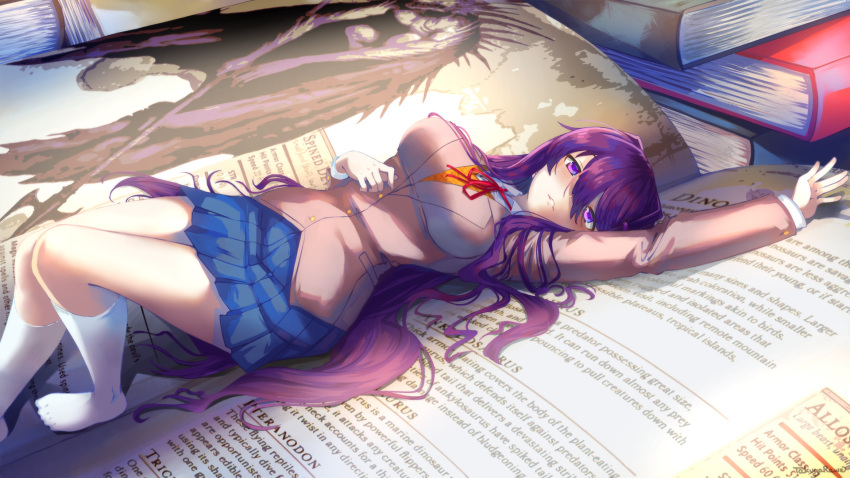 1girl arm_up artist_name blue_skirt book book_stack breasts brown_jacket commentary doki_doki_literature_club english_commentary english_text hair_between_eyes hair_spread_out hand_on_own_stomach highres jacket kneehighs large_breasts long_hair looking_at_viewer lying neck_ribbon no_shoes on_back open_book parted_lips pleated_skirt purple_eyes purple_hair red_ribbon ribbon school_uniform skirt socks solo takuyarawr very_long_hair white_socks yuri_(doki_doki_literature_club)