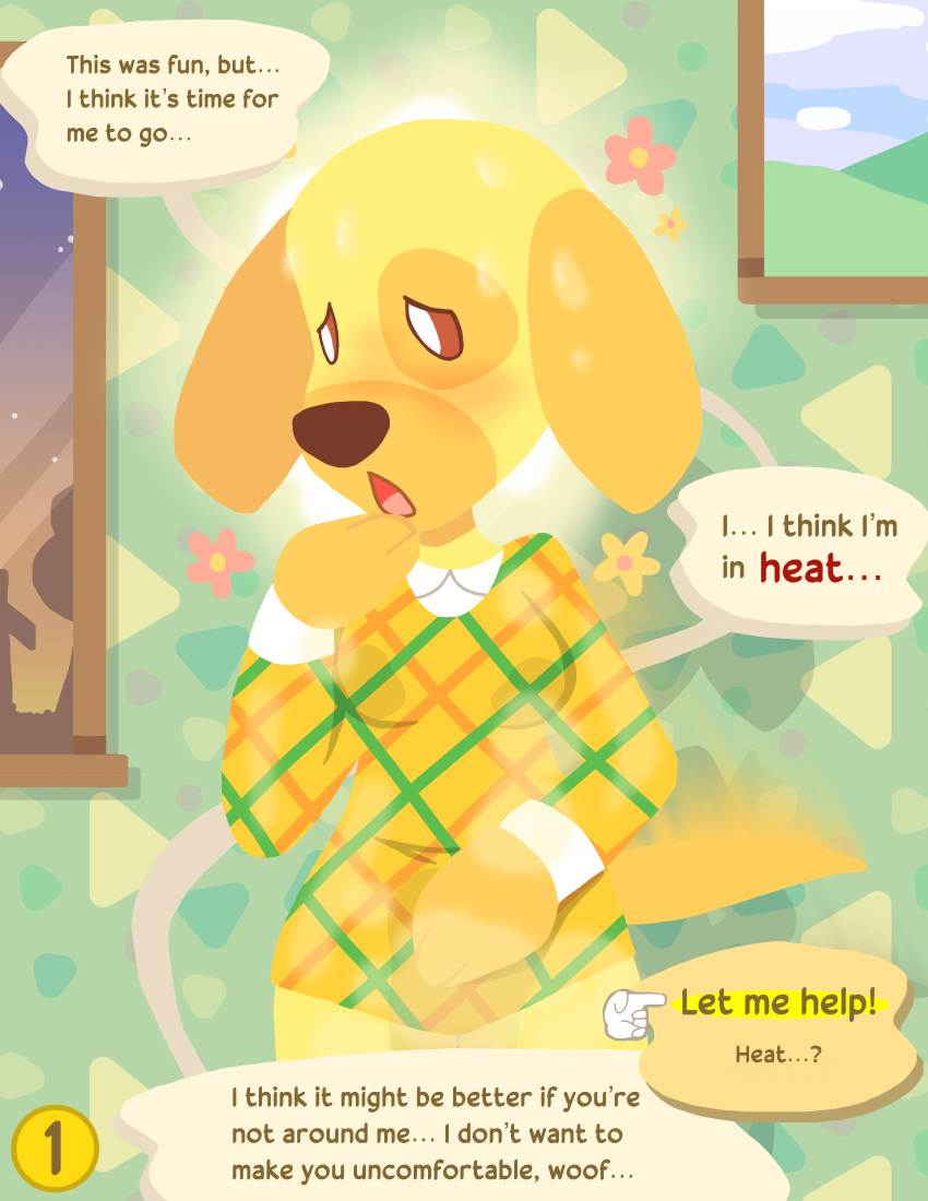 absurd_res animal_crossing animal_humanoid anthro bird_dog blush bodily_fluids building canid canid_humanoid canine canine_humanoid canis clitoral clitoris clothed clothing comic dialogue domestic_dog female first_person_view flower genitals golden_retriever goldie_(animal_crossing) hi_res house humanoid hunting_dog in_heat inside interior_background labrador lactating lactating_through_clothing mammal mammal_humanoid nintendo plant retriever rubbing_pussy solo speech_bubble starzsparklez sweat tail tail_motion tailwag wet wet_clothing worried