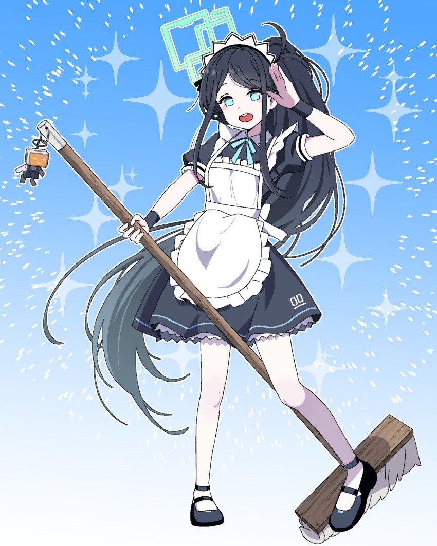 1girl :d absurdres apron aris_(blue_archive) aris_(maid)_(blue_archive) black_dress black_hair blue_archive blue_eyes dress frilled_apron frills highres holding holding_mop long_hair maid maid_apron maid_headdress mop official_alternate_costume open_mouth ponytail puffy_short_sleeves puffy_sleeves ribbon rlqns9995 short_sleeves smile solo standing very_long_hair white_apron