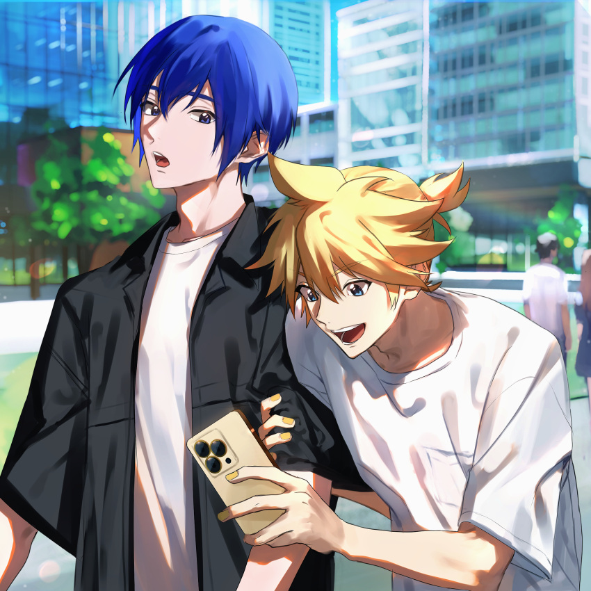 2boys blonde_hair blue_eyes blue_hair blurry blurry_background bright_pupils building hair_between_eyes highres holding holding_another's_arm holding_phone kagamine_len kaito_(vocaloid) looking_at_another looking_at_phone male_focus multiple_boys nail_polish open_clothes open_mouth open_shirt outdoors phone shirt short_hair sidelighting spiked_hair sunlight tetorutti35 tree upper_body vocaloid white_shirt yellow_nails