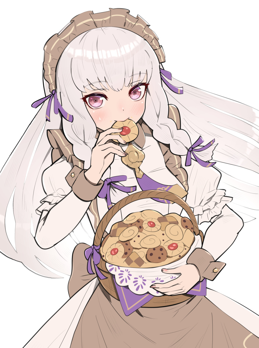 1girl apron basket braid checkerboard_cookie commentary cookie cowboy_shot dress eating fire_emblem fire_emblem:_three_houses fire_emblem_heroes food gonzarez grey_apron highres holding holding_basket holding_food juliet_sleeves long_hair long_sleeves looking_at_viewer lysithea_von_ordelia maid maid_headdress pink_eyes puffy_sleeves simple_background solo standing twin_braids very_long_hair white_background white_dress white_hair