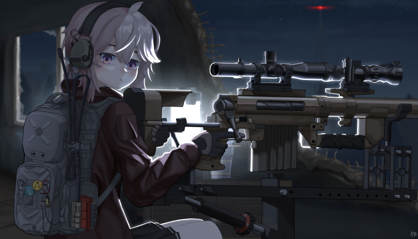 1girl absurdres ahoge backpack bag black_skirt bolt_action broken_window brown_jacket cheytac_m200 closed_mouth ear_protection english_commentary girls'_frontline gloves grey_hair gun hair_between_eyes highres holding holding_weapon jacket lantern looking_at_viewer m200_(girls'_frontline) medium_hair night pleated_skirt purple_eyes radio_tower rifle scope sitting skirt sniper_rifle solo star_(sky) two-tone_gloves weapon wooden_box