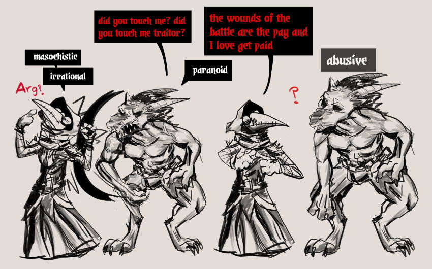 absurd_res abusive anthro canid canine comic duo english_text feral hi_res humanoid male male/male mammal masochism pain paranoid plague_doctor speech_bubble text were werecanid werecanine werewolf zerauskii