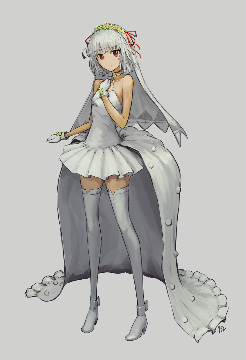 152_in_can 1girl absurdres altera_(fate) alternate_costume bare_shoulders bridal_veil closed_mouth collarbone commentary_request dark-skinned_female dark_skin dress fate/extella fate/extra fate/grand_order fate_(series) full_body gloves grey_background grey_hair hand_on_own_chest highres long_hair looking_at_viewer red_eyes shoes short_hair solo strapless strapless_dress thighhighs veil white_dress white_footwear white_gloves white_thighhighs