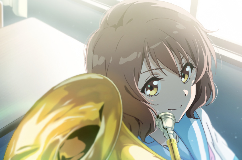 1girl blue_sailor_collar brown_hair close-up closed_mouth commentary_request desk euphonium hibike!_euphonium highres holding holding_instrument instrument kitauji_high_school_uniform looking_at_viewer medium_hair oumae_kumiko raku_rakugaki sailor_collar school_desk school_uniform shirt solo white_shirt window yellow_eyes