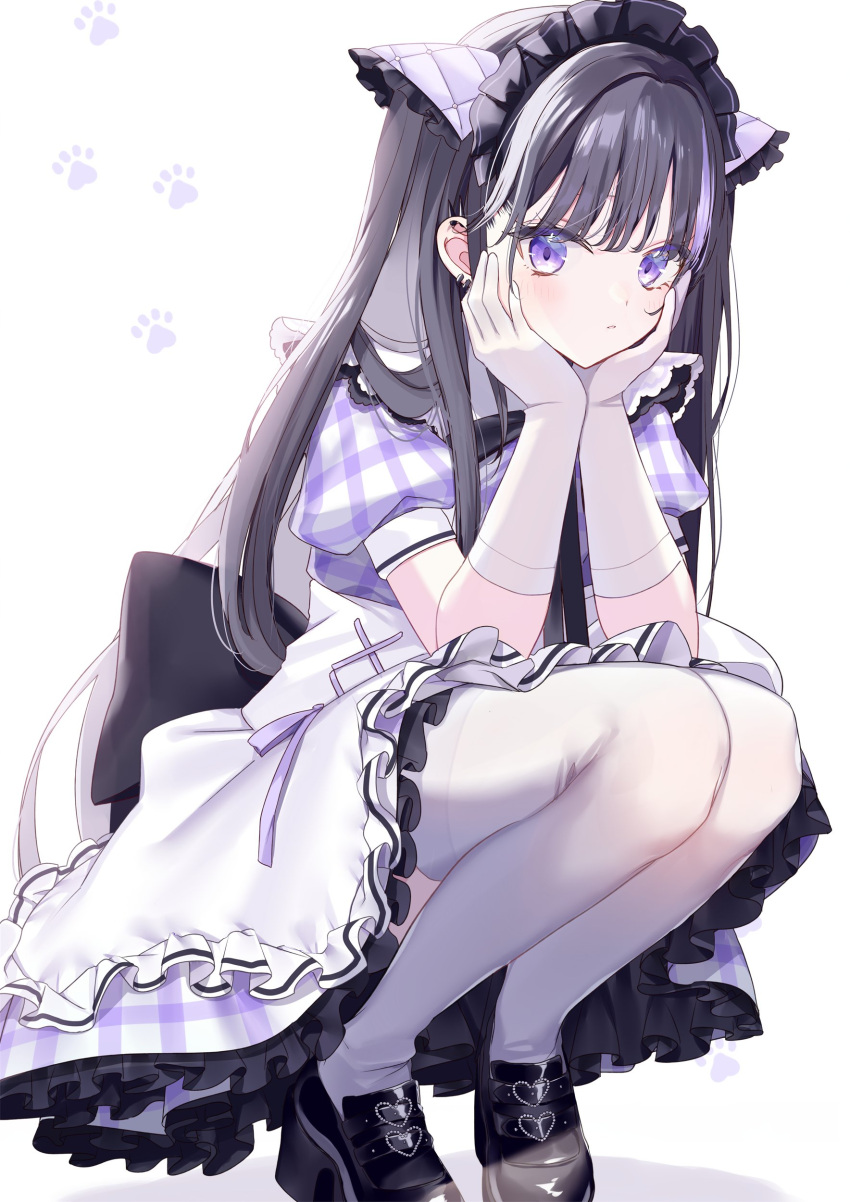 1girl absurdres black_hair blush bow bowtie closed_mouth elbow_gloves gloves highres long_hair looking_at_viewer maid maid_headdress misumi_(macaroni) original purple_eyes short_sleeves squatting thighhighs white_thighhighs