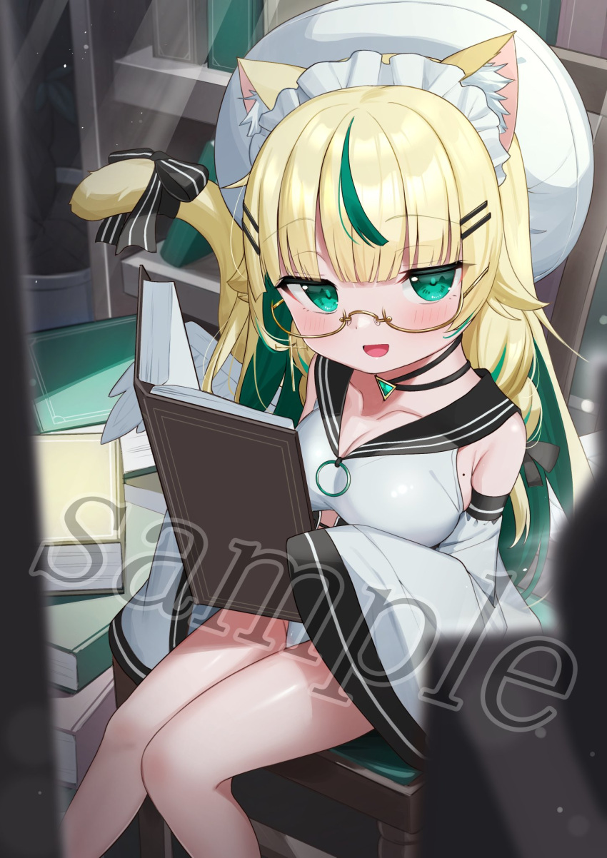 1girl :d animal_ear_fluff animal_ears black_sailor_collar blonde_hair blurry blurry_foreground blush book book_stack bookshelf breasts brown-framed_eyewear cat_ears cat_girl cat_tail cleavage collarbone commentary_request commission depth_of_field detached_sleeves feathered_wings feet_out_of_frame glasses green_eyes green_hair hair_ornament hairclip highres holding holding_book indoors leotard long_hair long_sleeves looking_at_viewer medium_breasts multicolored_hair open_book sailor_collar sample_watermark semi-rimless_eyewear single_wing skeb_commission sleeves_past_fingers sleeves_past_wrists smile solo streaked_hair tail tsukiman two-tone_hair under-rim_eyewear very_long_hair white_headwear white_leotard white_sleeves white_wings wide_sleeves wings