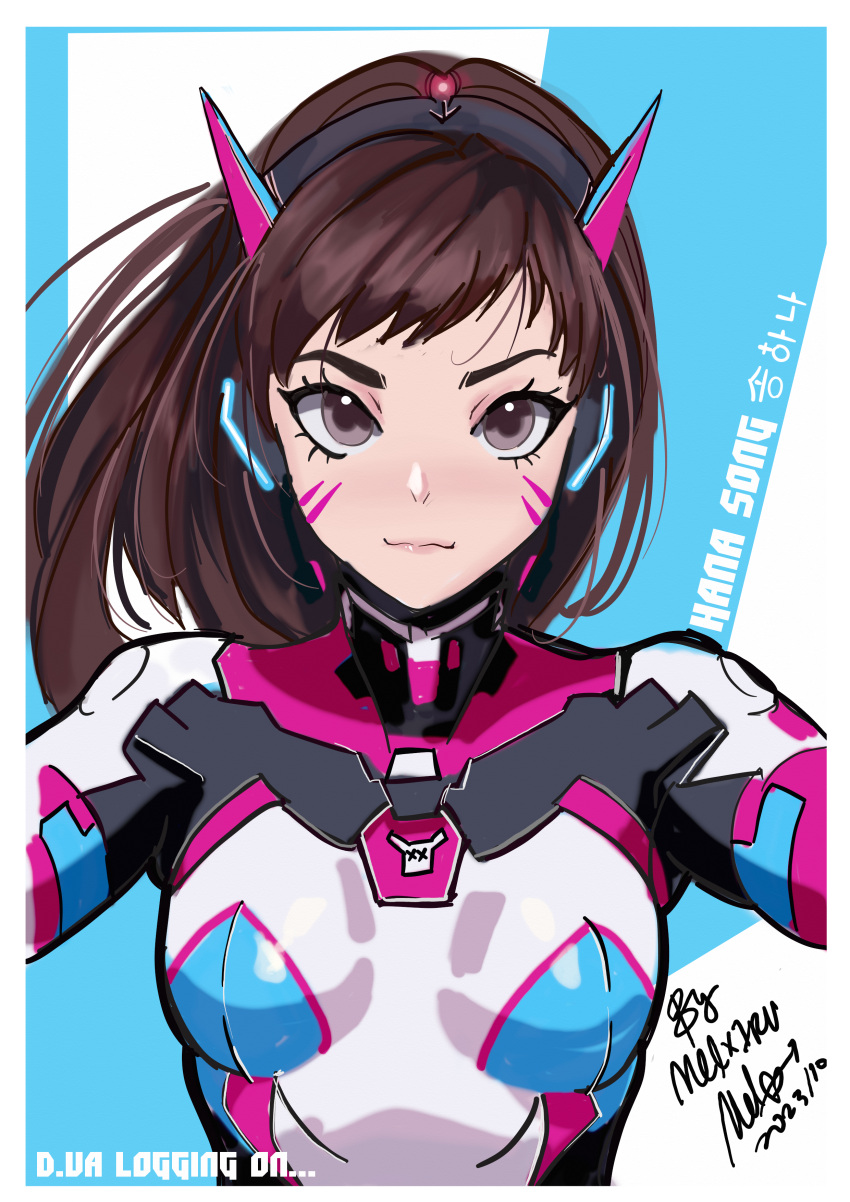 1girl absurdres artist_name blue_bodysuit bodysuit breasts brown_eyes brown_hair character_name closed_mouth commentary d.va_(overwatch) dated english_commentary english_text eyelashes facepaint facial_mark floating_hair highres interface_headset korean_text light_smile lips long_hair loose_hair_strand melissa_2.0 mixed-language_commentary multicolored_bodysuit multicolored_clothes overwatch pilot_suit pink_bodysuit reaching reaching_towards_viewer selfie serious signature skin_tight small_breasts solo swept_bangs upper_body upturned_eyes whisker_markings white_bodysuit wind