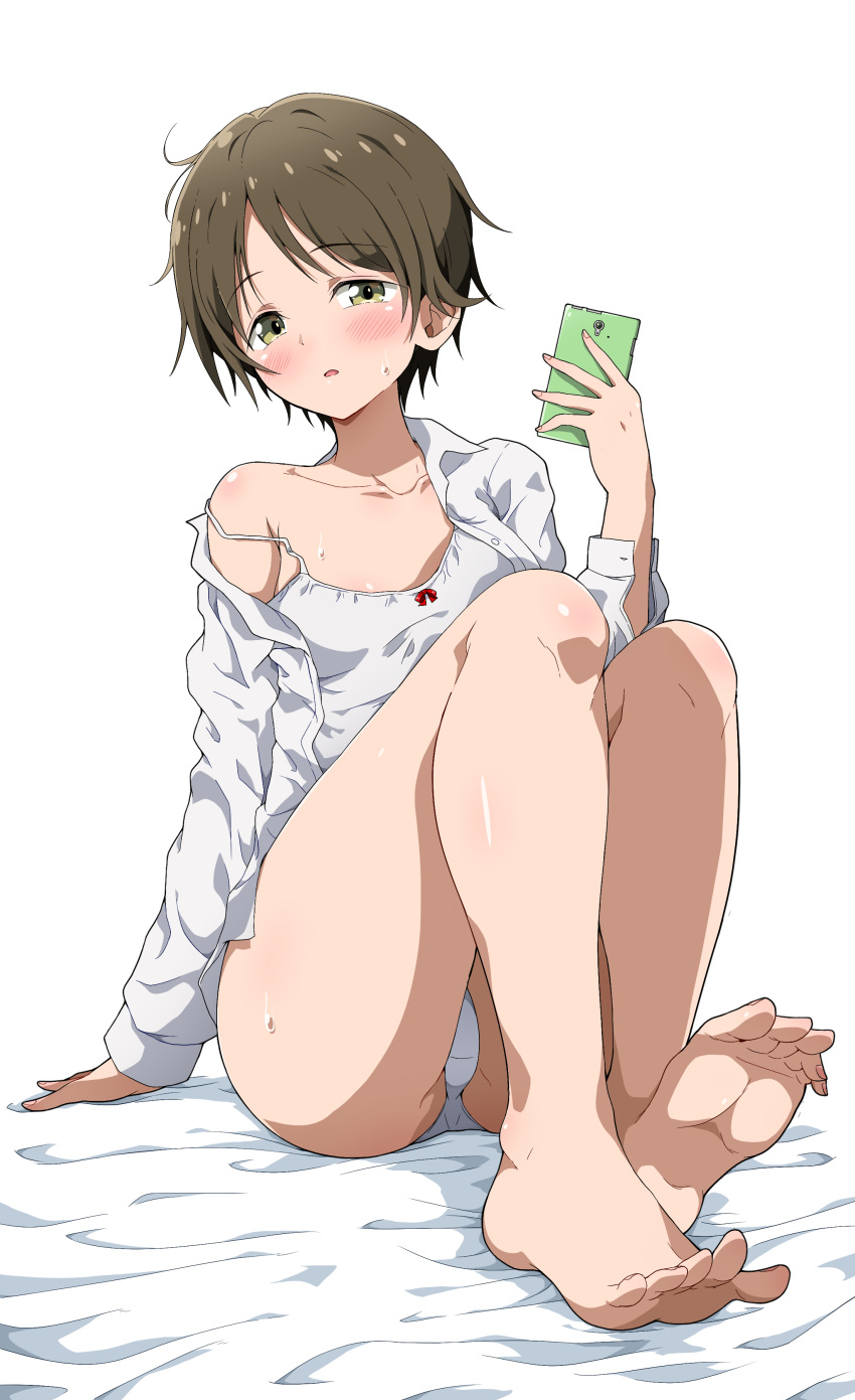 1girl absurdres akebi-chan_no_serafuku alternate_costume ass bare_legs barefoot bed_sheet blush breasts brown_eyes brown_hair camisole collared_shirt dress_shirt eggman_(pixiv28975023) feet foreshortening full_body highres holding holding_phone looking_at_viewer nail_polish panties parted_lips phone revision selfie shirt short_hair simple_background sitting soles solo tanigawa_kei tareme thighs toes underwear white_background white_camisole white_panties white_shirt